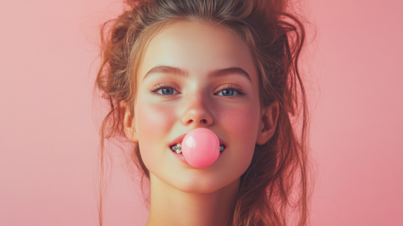 A Young Girl with Braces Blowing a Bubble Gum Bubble, Demonstrating the Potential Risks and Challenges of Chewing Gum for Those Wearing Orthodontic Braces