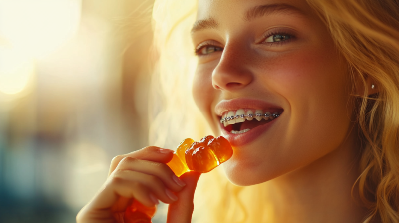 A Young Woman with Braces Is Holding a Chewy Candy Near Her Mouth, Illustrating the Challenge of Eating Sticky Sweets for Those with Orthodontic Braces