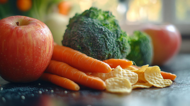 Raw carrots, Whole apples, Uncooked broccoli, Corn Chips