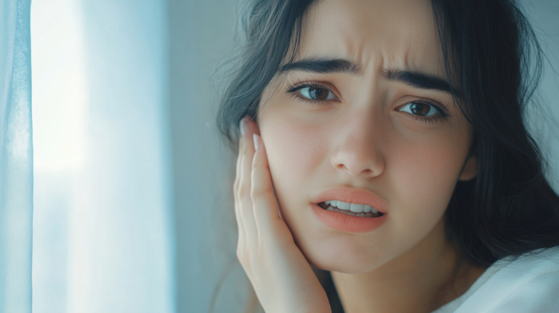 Woman Holding Her Cheek with A Facial Expression that Suggests She Is Experiencing Dental Pain