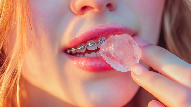 A Close-Up Image of A Person with Braces Holding an Ice Cube Near Their Mouth, Highlighting the Potential Risks of Chewing Ice for Individuals with Orthodontic Braces