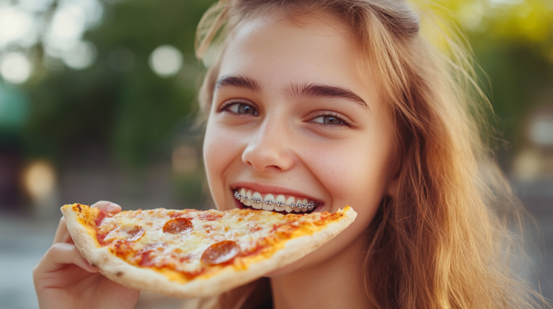 A Young Girl with Braces Enjoying a Slice of Pepperoni Pizza, Demonstrating the Potential Risks Pizza Can Pose to The Brackets and Wires of Orthodontic Braces