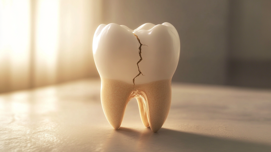 A Close-Up View of A Cracked Tooth, Showing a Visible Fracture Line Running Vertically Through the Tooth, Symbolizing Dental Damage and The Need for Repair