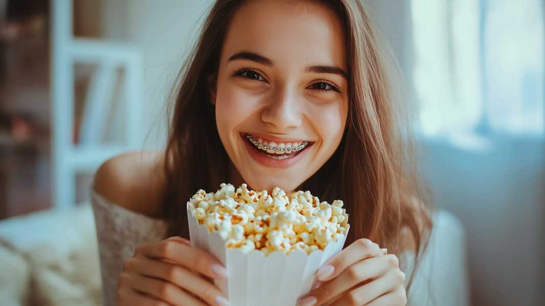 A Young Girl with Braces Holding a Container of Popcorn, Highlighting Popcorn as One of The Foods that Should Be Avoided While Wearing Braces