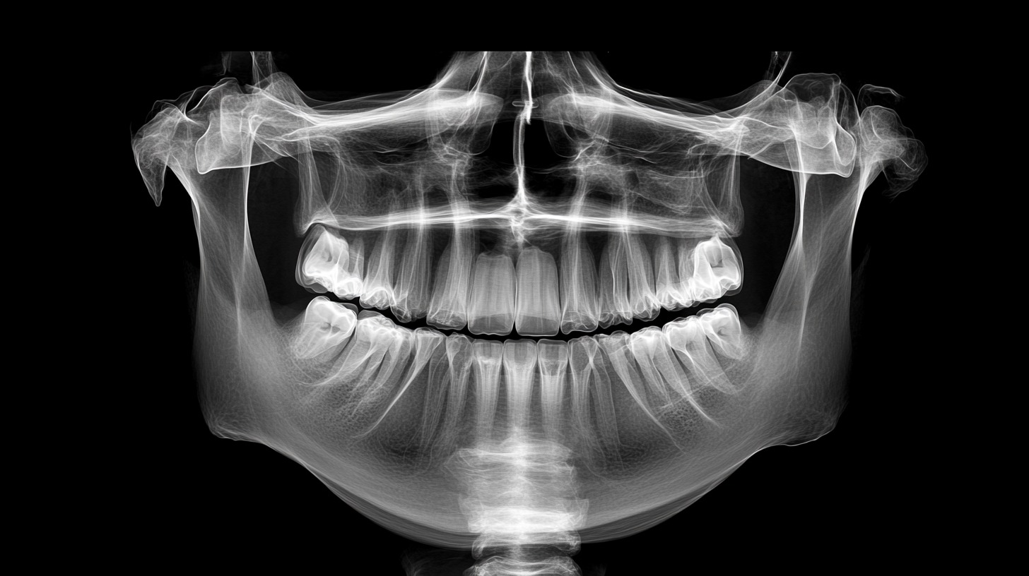 Panoramic X-ray image of human teeth and jaw, showing detailed dental structure