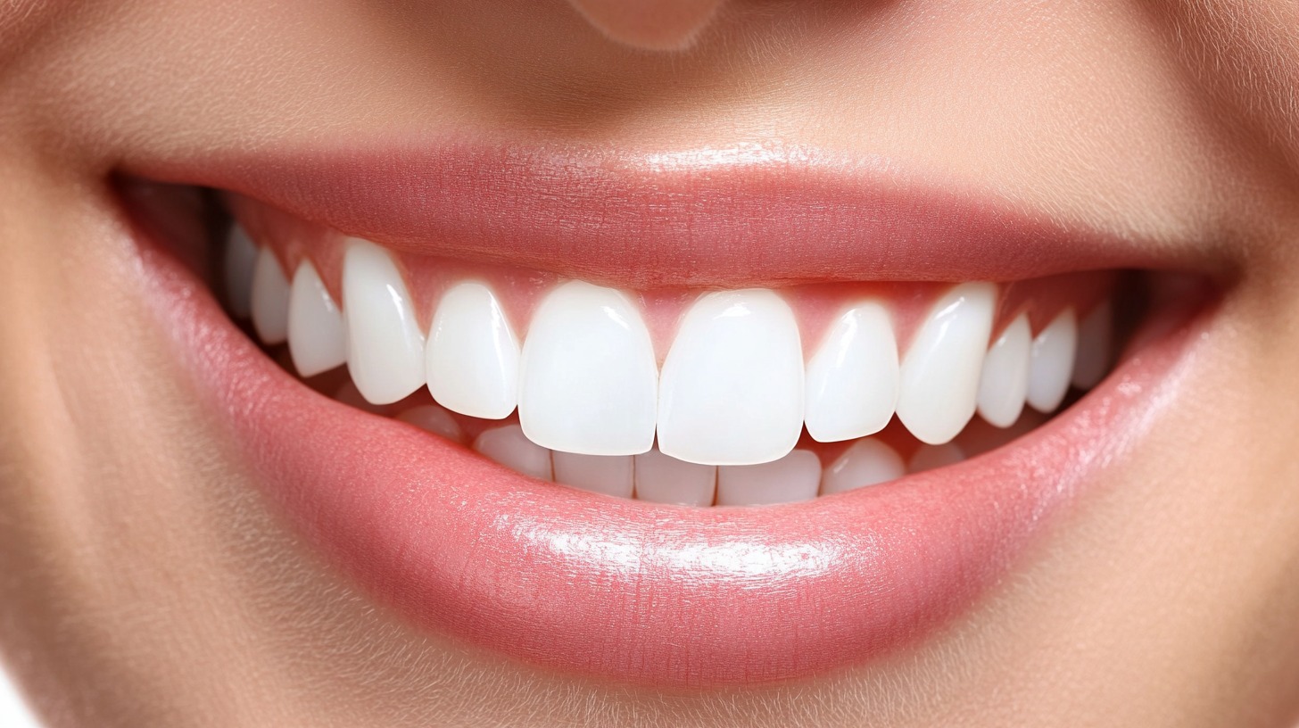 Close-up of a woman's bright white teeth and healthy gums, smiling