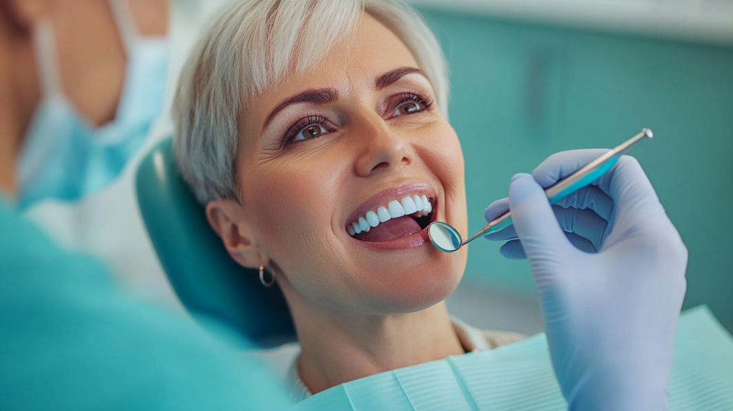 A Senior Woman at A Dental Checkup, Smiling While a Dentist Examines Her Teeth to Prevent Gum Infections and Maintain Oral Health