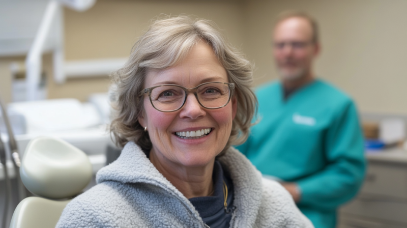 A Senior Woman Smiling at Her Dental Check-Up with A Dentist in The Background